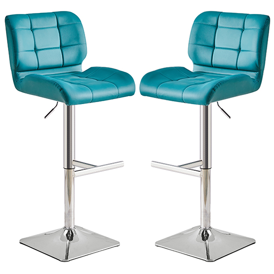 Read more about Candid teal faux leather bar stools with chrome base in pair