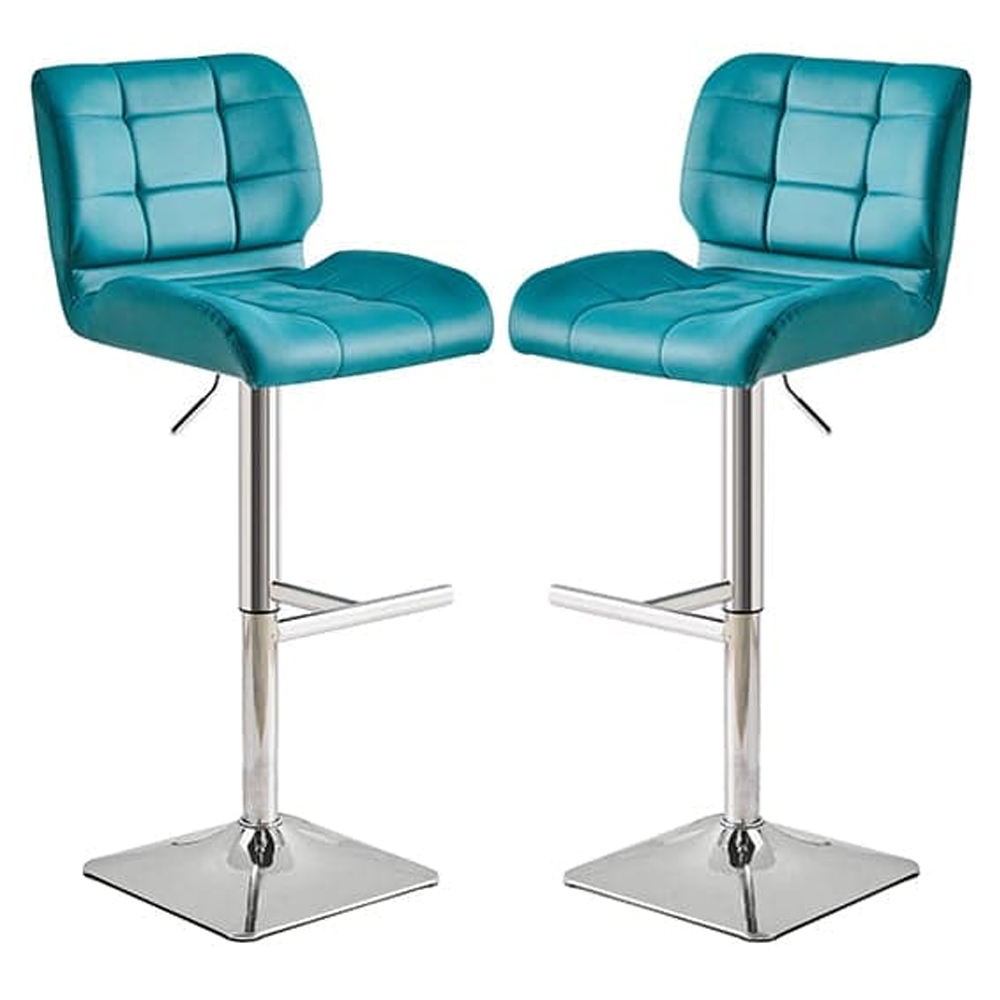 Candid Teal Faux Leather Bar Stools With Chrome Base In Pair