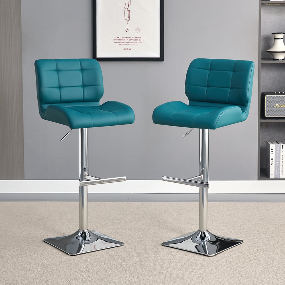 Read more about Candid teal faux leather bar stools with chrome base in pair