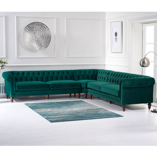 Candila Large Velvet Upholstered Corner Sofa In Green_2