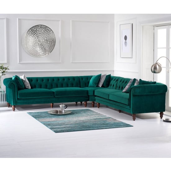 Candila Large Velvet Upholstered Corner Sofa In Green_1