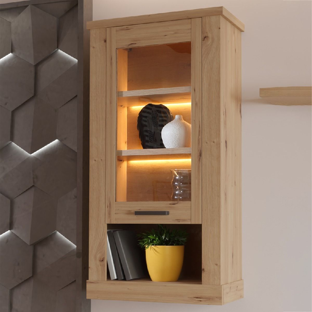 Caneadea LED Wooden Wall Hung Display Cabinet In Artisan Oak