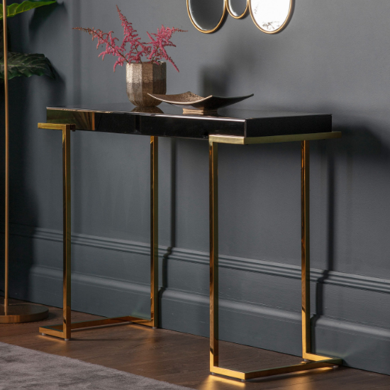 Canela Mirrored Console Table With Gold Steel Legs In Black
