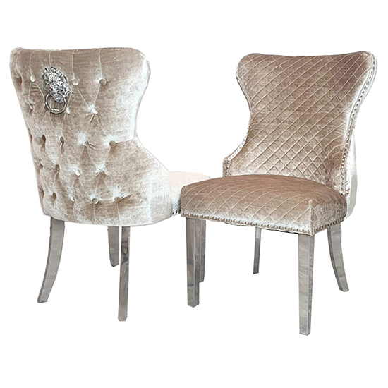 Photo of Caney lion knocker beige shimmer velvet dining chairs in pair