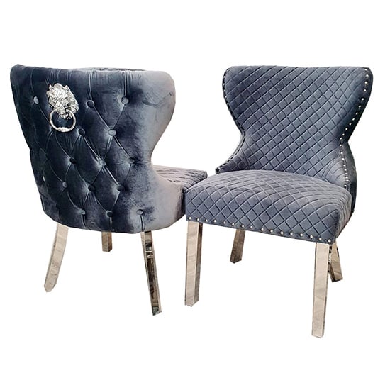 Product photograph of Caney Lion Knocker Dark Grey Velvet Dining Chairs In Pair from Furniture in Fashion