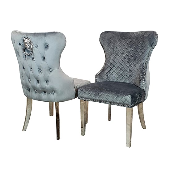Product photograph of Caney Lion Knocker Grey Shimmer Velvet Dining Chairs In Pair from Furniture in Fashion