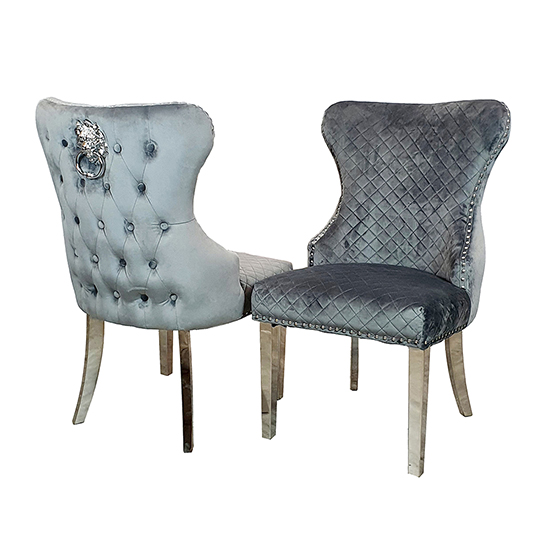 Caney Lion Knocker Grey Shimmer Velvet Dining Chairs In Pair