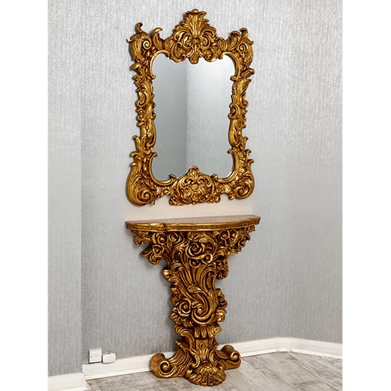 Cannan French Ornate Console Table With Wall Mirror In Gold