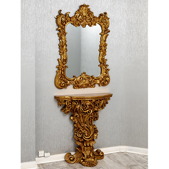 Product photograph of Cannan French Ornate Console Table With Wall Mirror In Gold from Furniture in Fashion