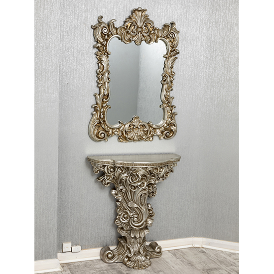 Photo of Cannan french ornate console table with wall mirror in silver