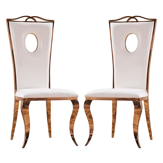 Read more about Palila white pu dining chairs with rose gold legs in pair