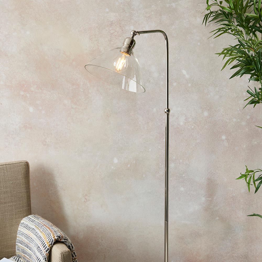 Canton Clear Glass Floor Lamp In Bright Nickel