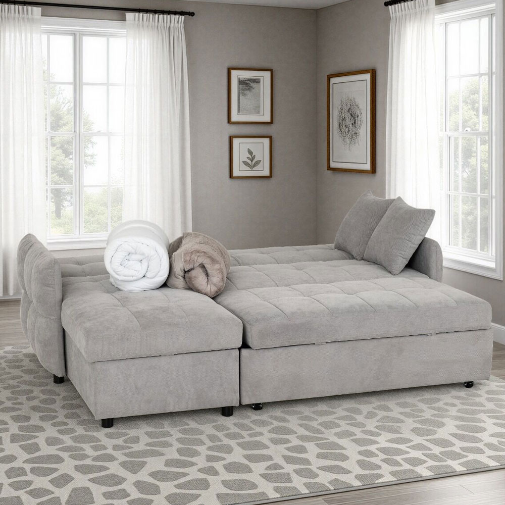 Canton Fabric L Shape Corner Sofa Bed In Silver Grey