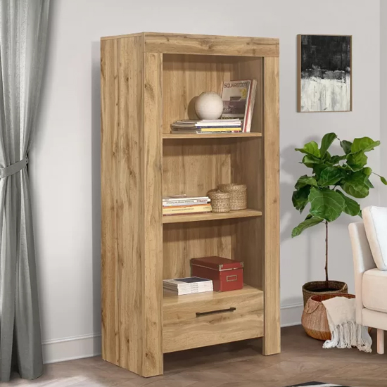 Photo of Canton wooden bookcase with 3 shelves and 1 drawer in oak