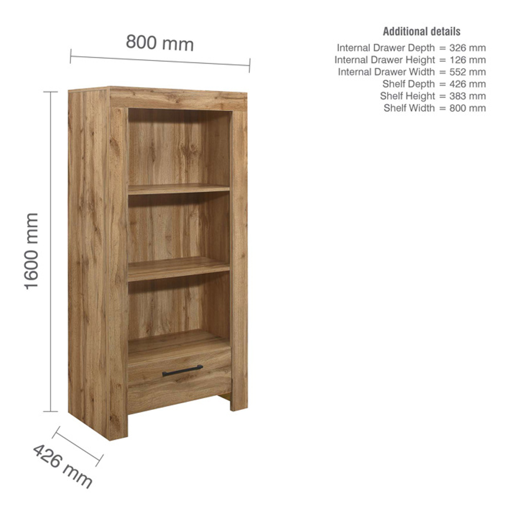 Canton Wooden Bookcase With 3 Shelves And 1 Drawer In Oak
