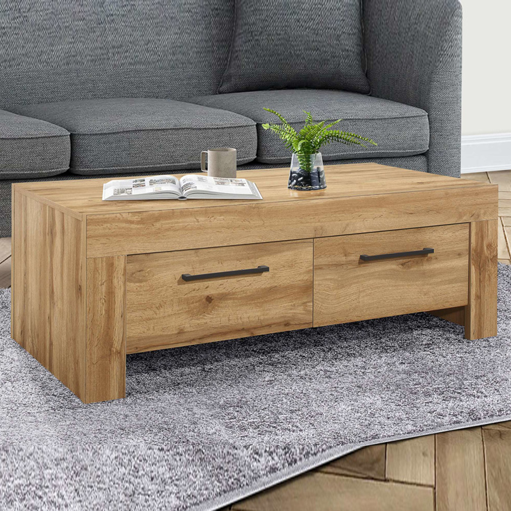 canton wooden coffee table with 4 drawers in oak