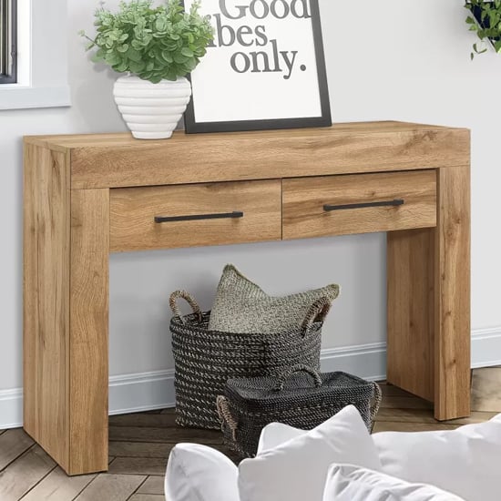 Photo of Canton wooden console table with 2 drawers in oak