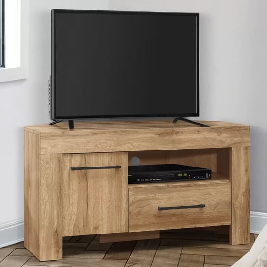 Product photograph of Canton Wooden Corner Tv Stand With 1 Door 1 Drawer In Oak from Furniture in Fashion