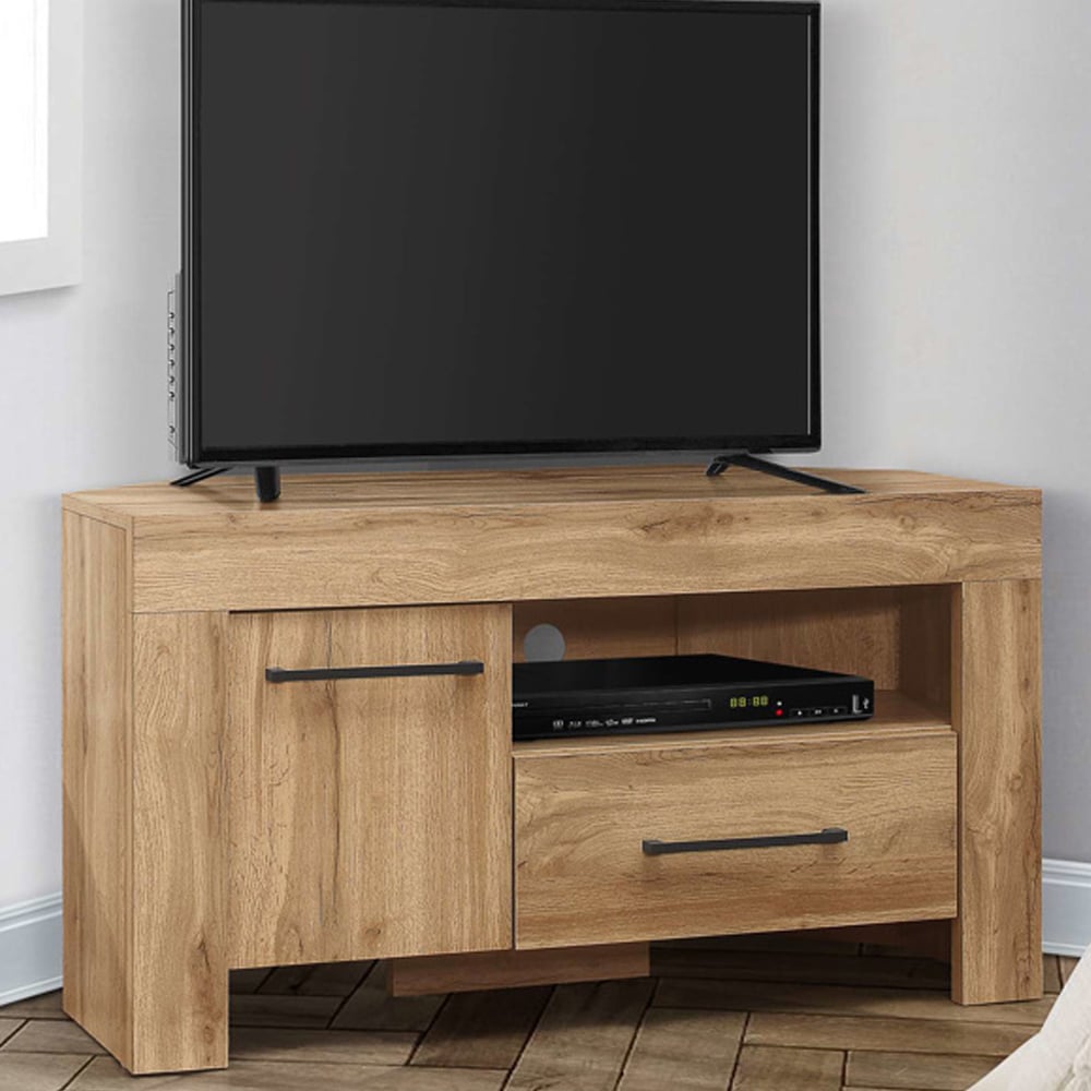 canton wooden corner tv stand with 1 door 1 drawer in oak