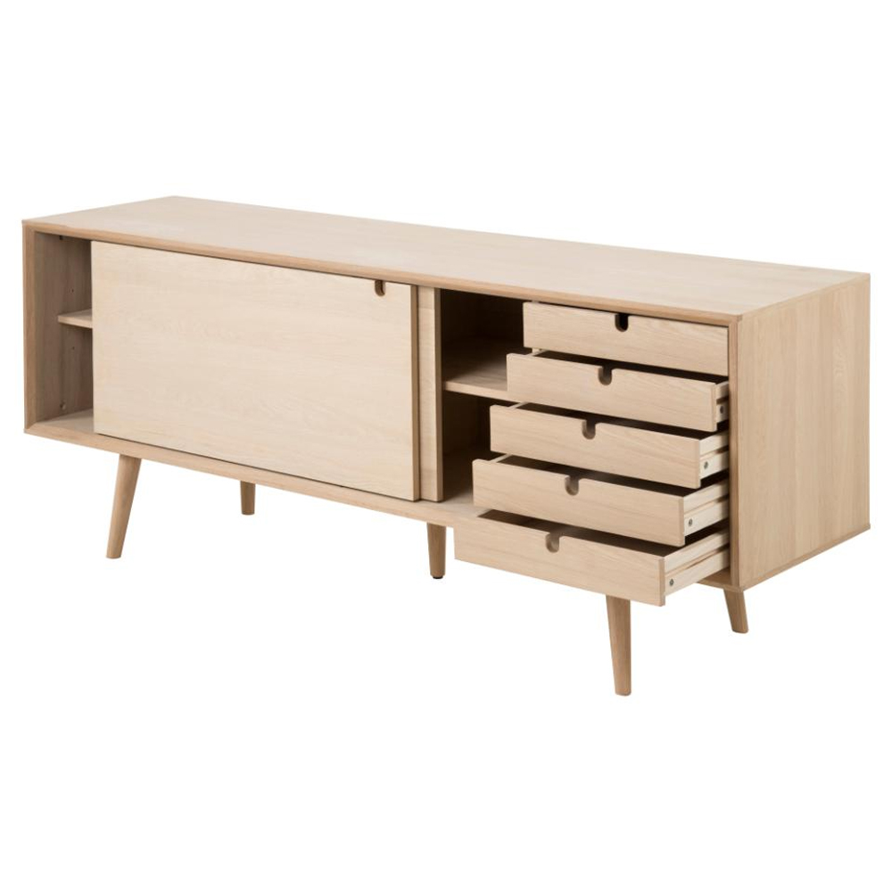 Canton Wooden Sideboard 2 Sliding Doors 5 Drawers In White Oak