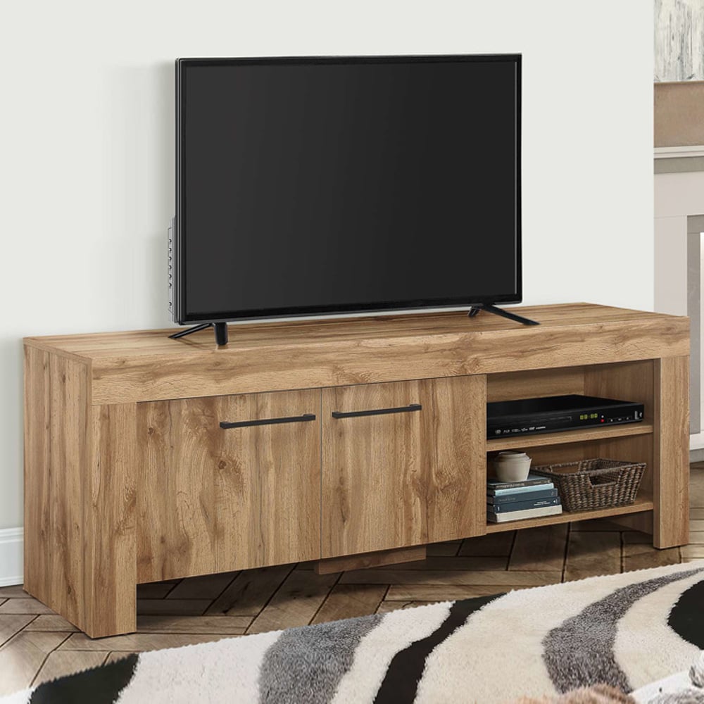 canton wooden tv stand with 2 doors 2 shelves in oak