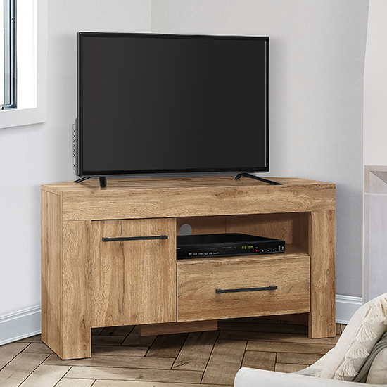 Product photograph of Canton Wooden Tv Stand Corner With 1 Door 1 Drawer In Oak from Furniture in Fashion