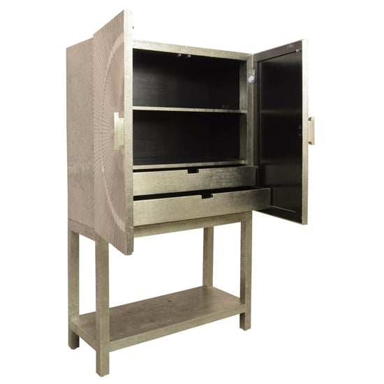 Canvey Wooden Bar Cabinet With 2 Embossed Metal Doors In Silver_2