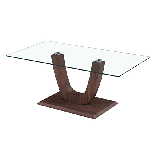 Read more about Calliroe clear glass coffee table with walnut base