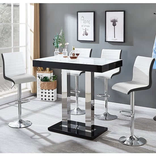 Photo of Caprice white glass bar table black gloss 4 ritz white stools