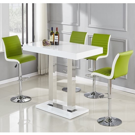 Product photograph of Caprice White High Gloss Bar Table 4 Ritz Green White Stools from Furniture in Fashion