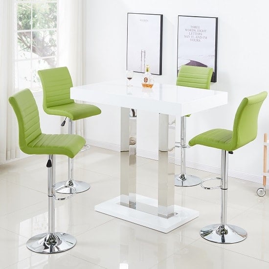 Photo of Caprice bar table in white gloss and 4 ripple lime green stools