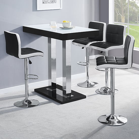 Product photograph of Caprice White Black Gloss Bar Table 4 Copez Black White Stools from Furniture in Fashion