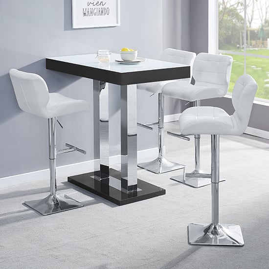 Caprice White Black Gloss Bar Table With 4 Candid White Stools