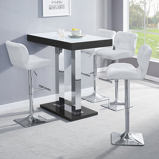 Product photograph of Caprice White Black Gloss Bar Table With 4 Candid White Stools from Furniture in Fashion