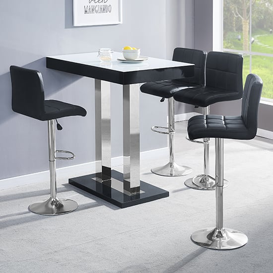 Product photograph of Caprice White Black Gloss Bar Table With 4 Coco Black Stools from Furniture in Fashion