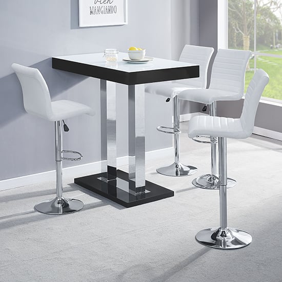 Product photograph of Caprice White Black Gloss Bar Table With 4 Ripple White Stools from Furniture in Fashion