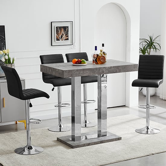 Product photograph of Caprice Concrete Effect Bar Table With 4 Ripple Black Stools from Furniture in Fashion