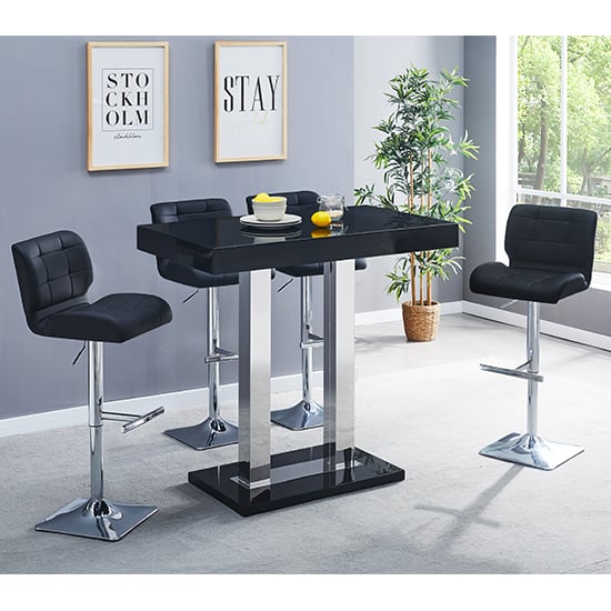 Product photograph of Caprice Black High Gloss Bar Table With 4 Candid Black Stools from Furniture in Fashion