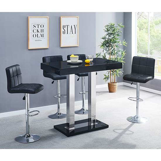 Product photograph of Caprice Black High Gloss Bar Table With 4 Coco Black Stools from Furniture in Fashion