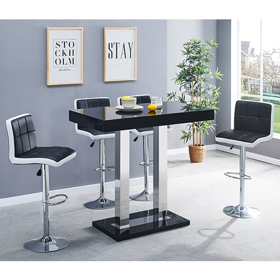 Caprice Glass Bar Table In Black With 4 Black White Copez Stools