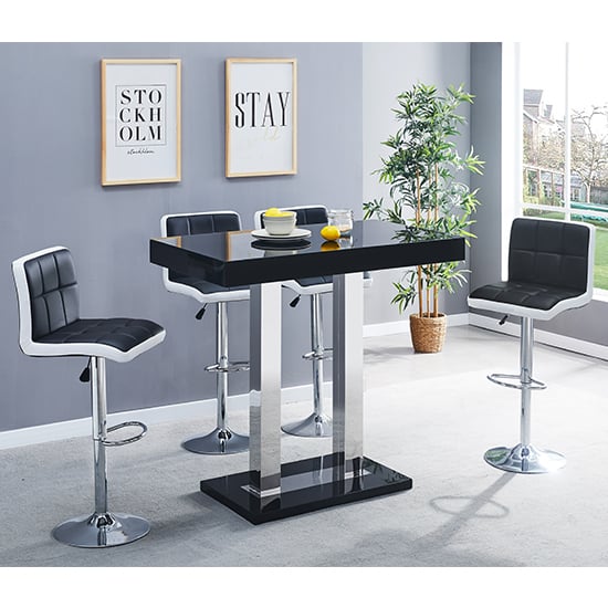 Product photograph of Caprice Black High Gloss Bar Table 4 Copez Black White Stools from Furniture in Fashion