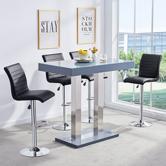 Photo of Caprice grey high gloss bar table with 4 ripple black stools