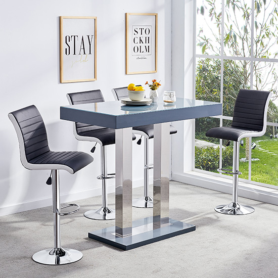 Photo of Caprice grey high gloss bar table 4 ritz black white stools