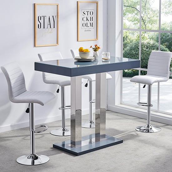 Photo of Caprice grey high gloss bar table with 4 ripple white stools