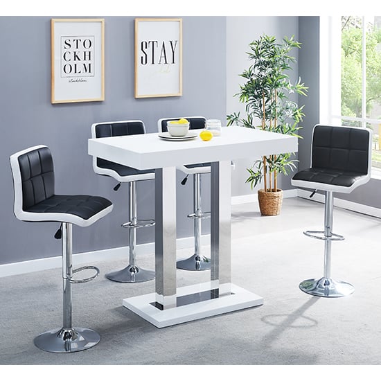 Caprice White Gloss Bar Table With 4 Copez Black White Stools