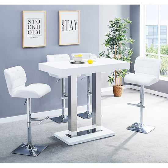 Product photograph of Caprice White High Gloss Bar Table With 4 Candid White Stools from Furniture in Fashion