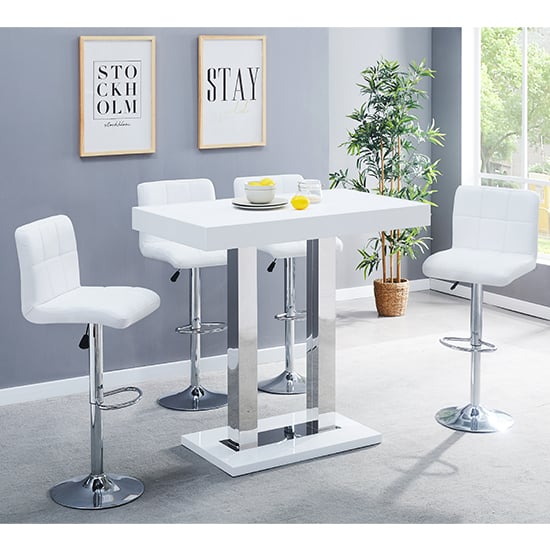 Photo of Caprice white high gloss bar table with 4 coco white stools