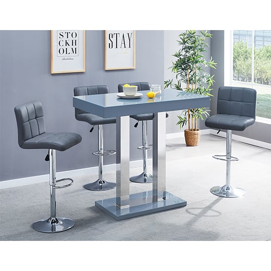 Photo of Caprice grey high gloss bar table with 4 coco grey stools