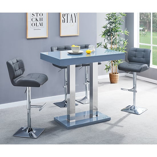 Caprice Glass Bar Table In Grey With 4 Grey Candid Stools