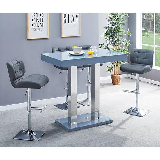 Photo of Caprice grey high gloss bar table with 4 candid grey stools